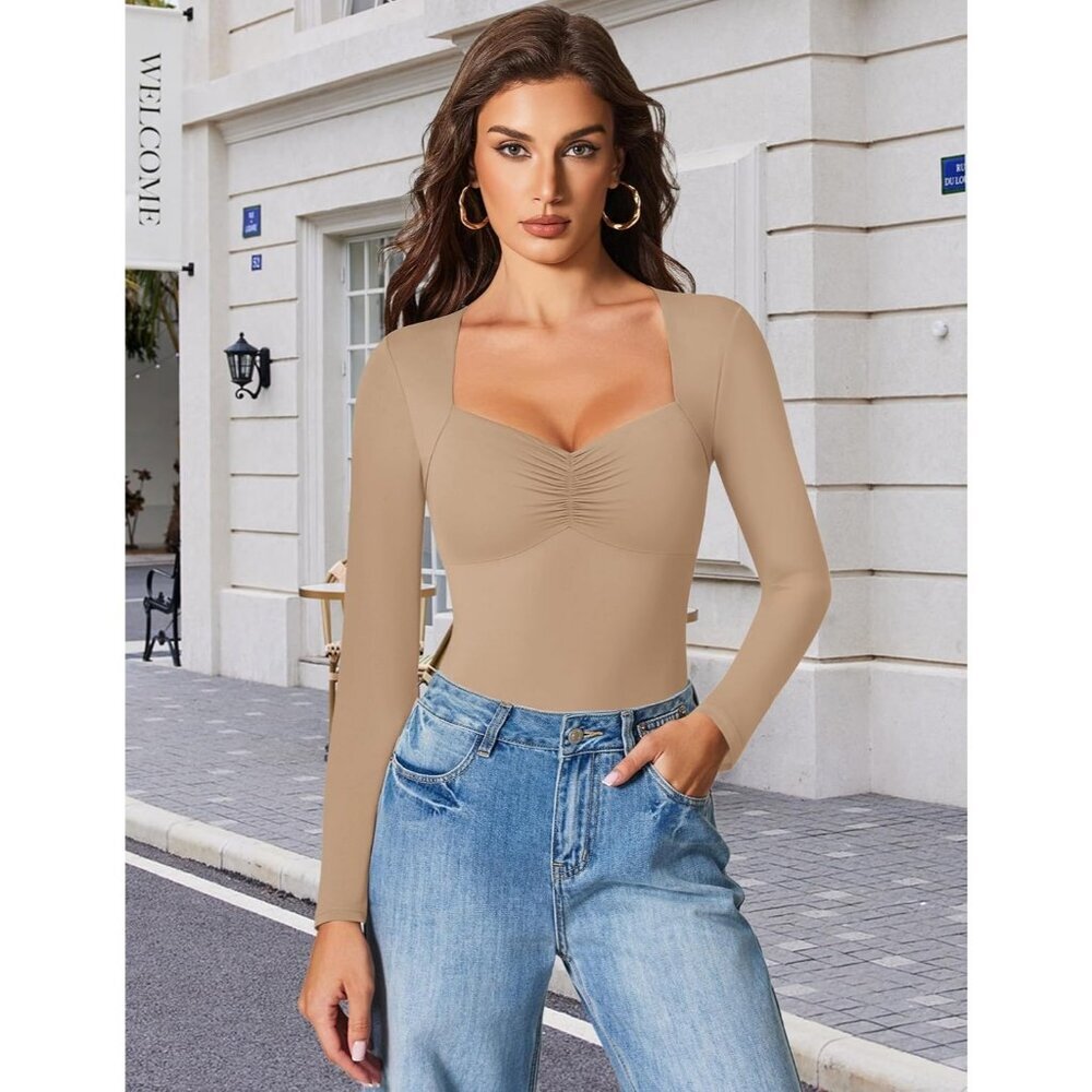 Women's Neckline Sexy Dark Beige Bodysuit Sweetheart Long Sleeve Double Tops - Picture 4 of 6